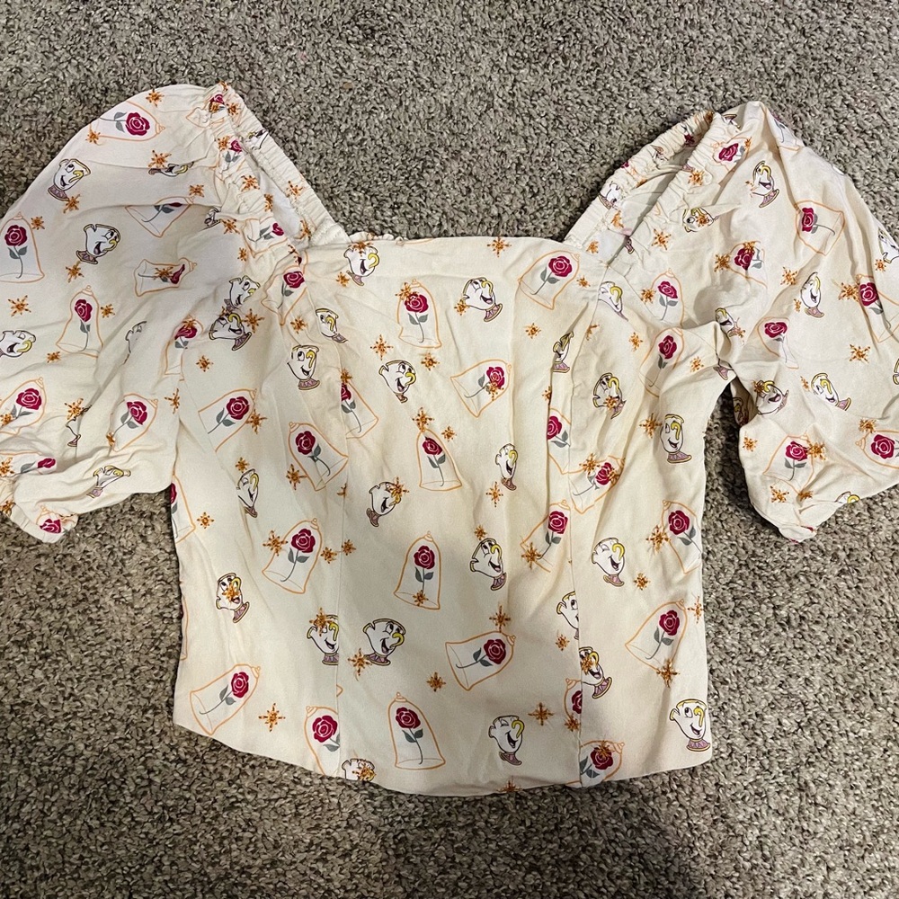 Loungefly beauty and the beast Cream Floral & Character Puff Sleeve Blouse
